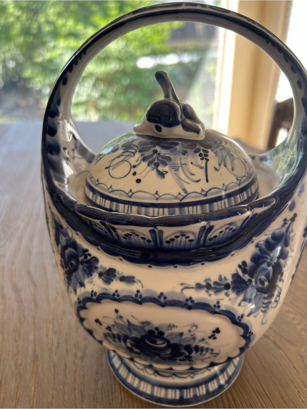 Gzhel Russian Blue and White Porcelain Basket-Style Lidded Vase with Bird Finial